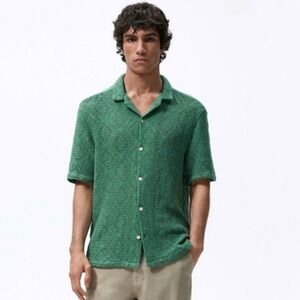 Zara Men's Knit‎ Button Down Size XL Green Short Sleeve